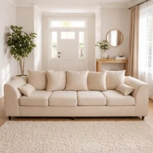 Luxury 4 Seater Chenille Fabric Sofa Set Cream, Grey & Black | Modern Living Room Furniture