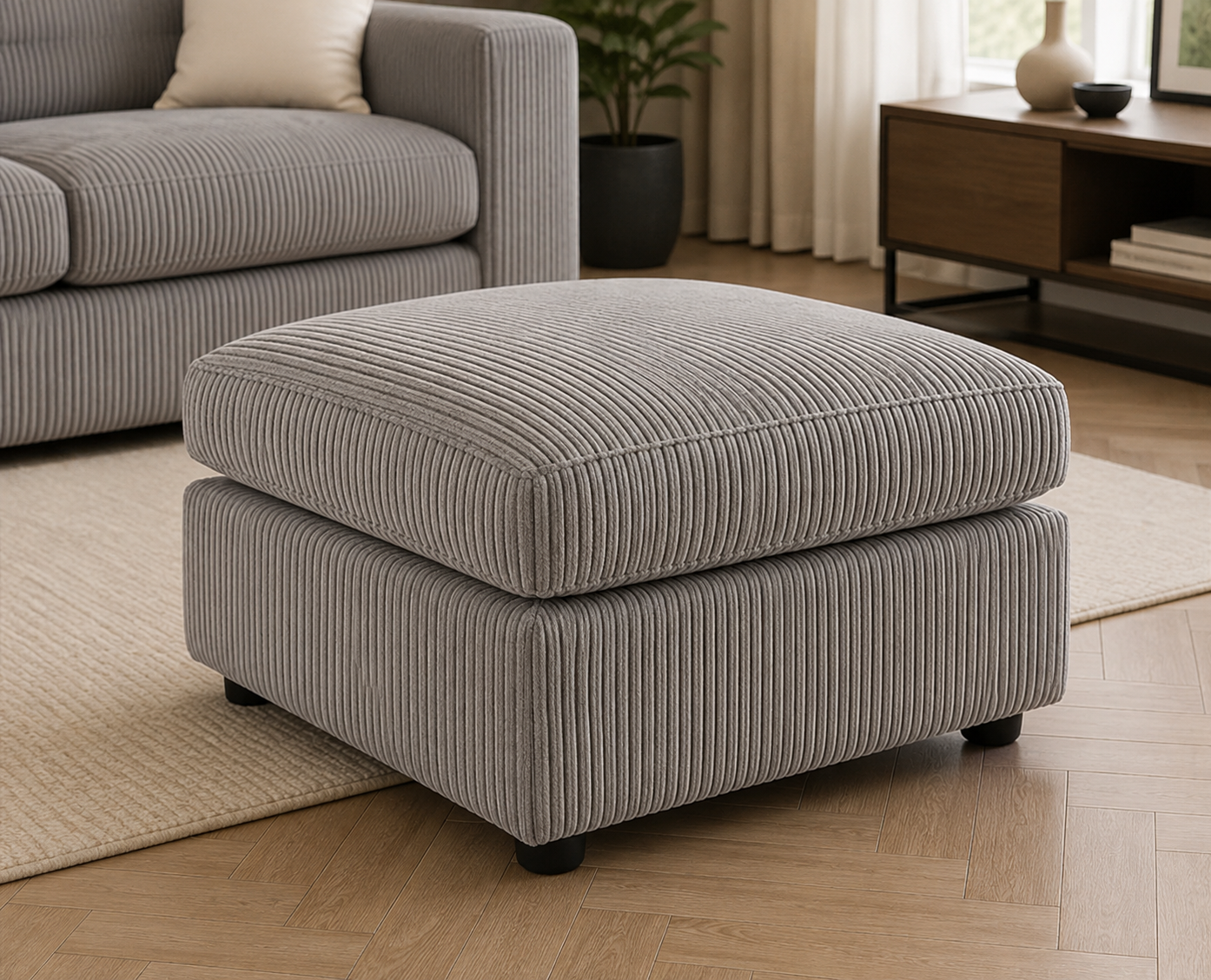 Grey Jumbo Cord Foot Stool Modern Upholstered Footrest for Living Room