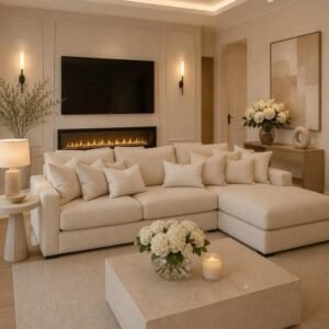Luxury L Shape Corner Sofa Modern  Corner Couch in Cream, Grey & Black