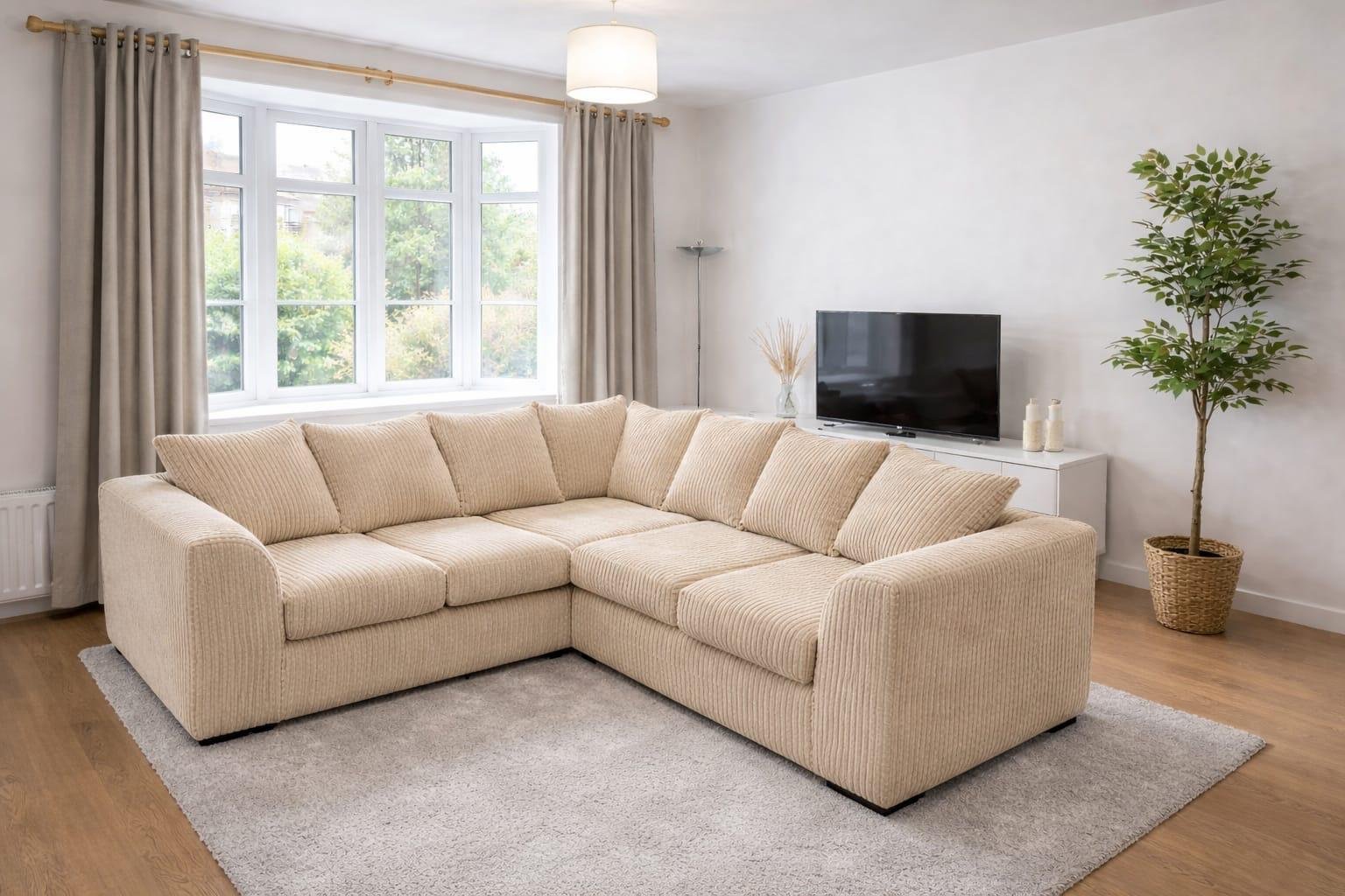 5 Seater Corner Sofa Jumbo Cord Cream, Grey, Black - Image 5
