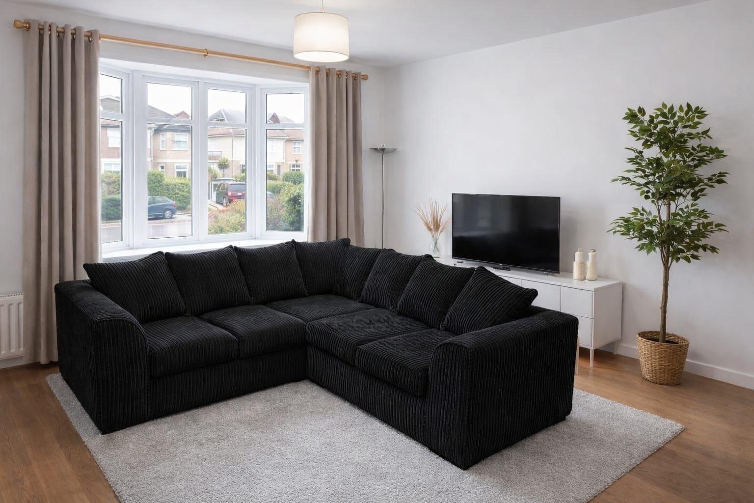 5 Seater Corner Sofa Jumbo Cord Cream, Grey, Black - Image 4