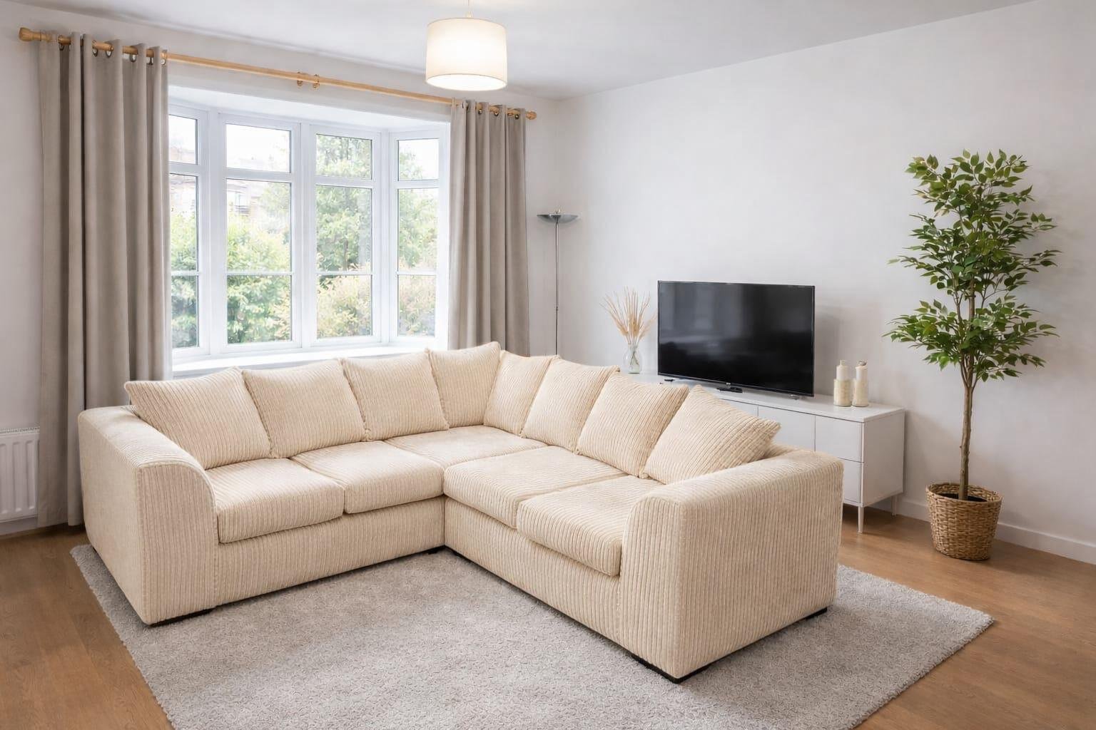 5 Seater Corner Sofa Jumbo Cord Cream, Grey, Black