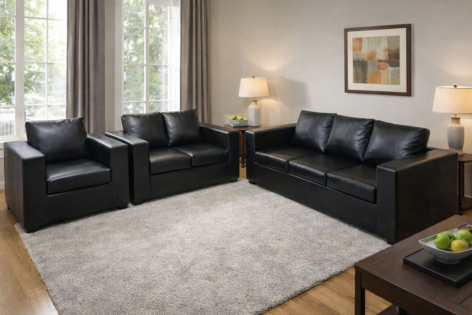 Modern Black Leather 3+2+1 Sofa Comfortable For Living Room